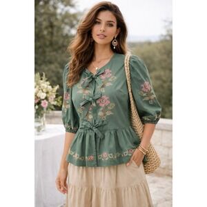 JOIEMONT Womens Embroidered Green Puffy Sleeves Olive Top Boho Peasant Cottage M
